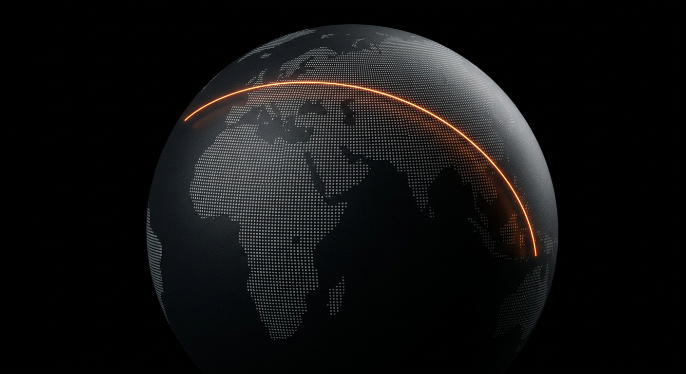 Dotted globe with one glowing arc, standing for courts worldwide