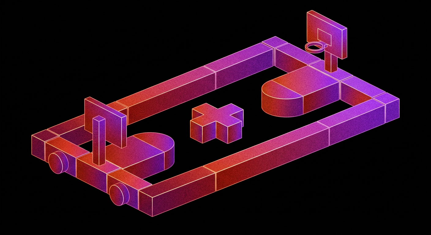 Isometric half-court built from chunky gradient blocks, with a hoop at each end