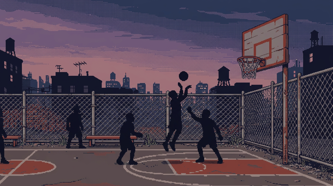 Pixel-art outdoor court at dusk with silhouetted players around a hoop